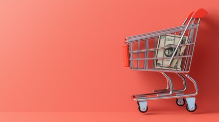 Modern Online Shopping Cart Concept with Virtual Money - 3D Illustration