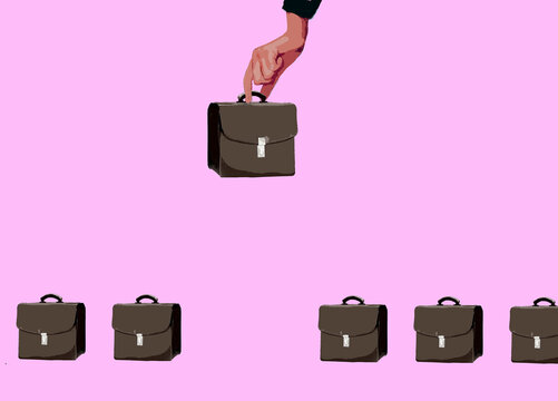 Illustration of hand holding briefcase in pink background