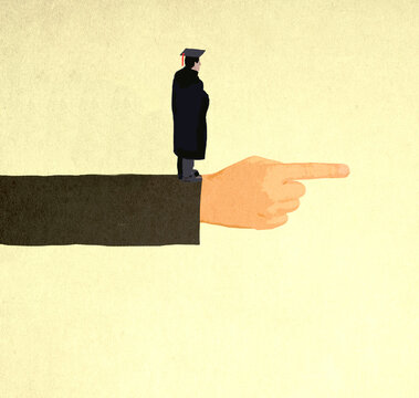 Illustration of man standing on pointing finger