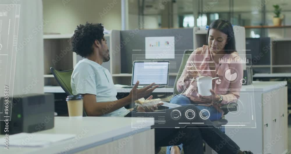 Aufkleber animation of financial data processing over diverse colleagues discussing work in office