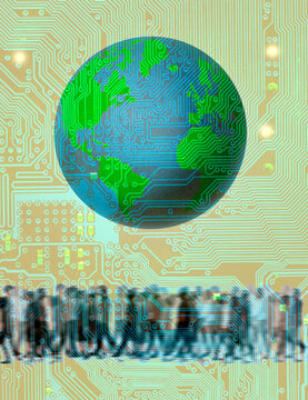 Illustration of people and world with electronic printed circuit