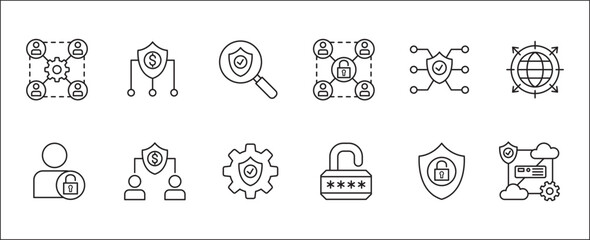 Business security icon set. Contains icons of authentication, lock, pin, analytic, database, protection, cloud, computing, research, authority, market. Thin line flat vector illustration.