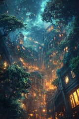 A low-angle view of a mystical city skyline