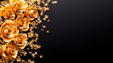 Golden Rose Elegance: A captivating image of golden roses and delicate gold confetti set against a rich black backdrop, creating a luxurious and elegant ambiance. Perfect for invitations, announcement