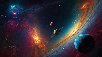 Obraz premium Vibrant, colorful digital illustration of a cosmic scene featuring various planets, stars, and celestial bodies, Abstract colorful space background