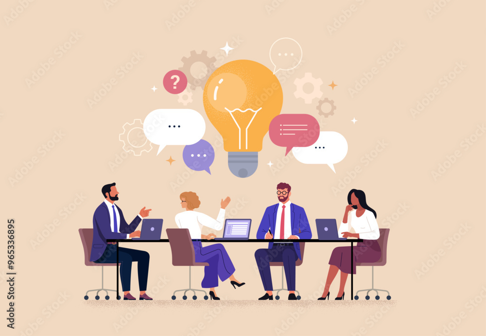 Fototapete Business Team Brainstorming Concept. Vector illustration in flat style of a group of diverse people sitting at a desk and discussing an idea. Isolated on background 