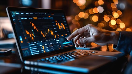 Hand hovers over laptop screen with stock market chart for representing financial analysis digital trading and modern investment strategy in technology driven economy concept.