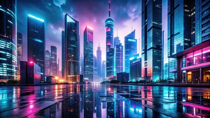 Obraz premium futuristic cityscape at dusk with sleek skyscrapers and neon lights reflected in a wet pavement with high contrast and bold color palette