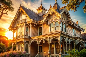 Obraz premium golden hour warm light diffused soft focus ornate wooden architecture romantic nostalgic delicate lace-like trim intricate details historic landmark charming quaint