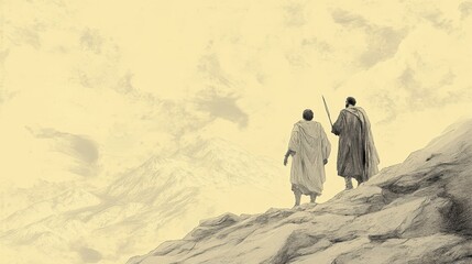 Exodus:The Israelites at Mount Sinai,The Israelites at Mount Sinai: Joshua Looks Up to Moses for Guidance on Mount Sinai - Biblical Illustration, Bible Wall Art, Beige Background