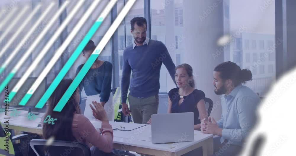 Poster animation of financial data processing over diverse colleagues discussing work in office