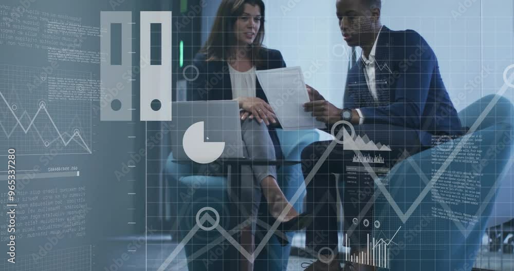 Poster animation of financial data processing over diverse colleagues discussing work in office