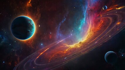 Obraz premium Vibrant, colorful digital illustration of a cosmic scene featuring various planets, stars, and celestial bodies, Abstract colorful space background