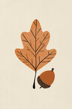 Autumn leaf with acorn against beige background