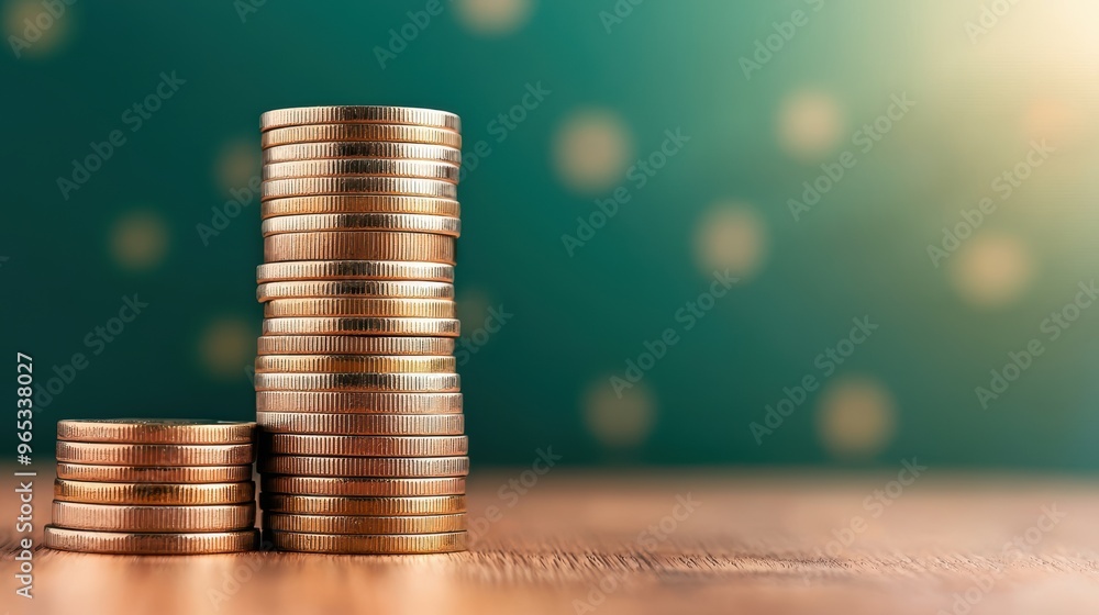 Poster Ascending Wealth: Shiny Coins Stacking in with Copy Space, Selective Focus -