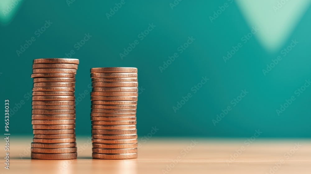 Poster towering wealth: coin stack building in with copy space, selective focus, and quality
