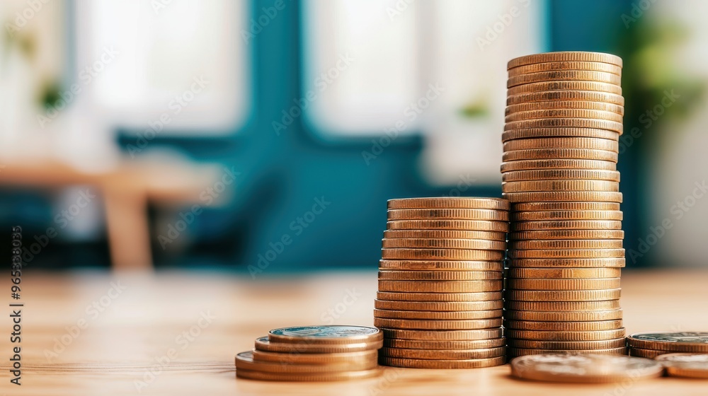 Poster towering wealth: coins stacking upward in with copy space for text, selective focus on foreground