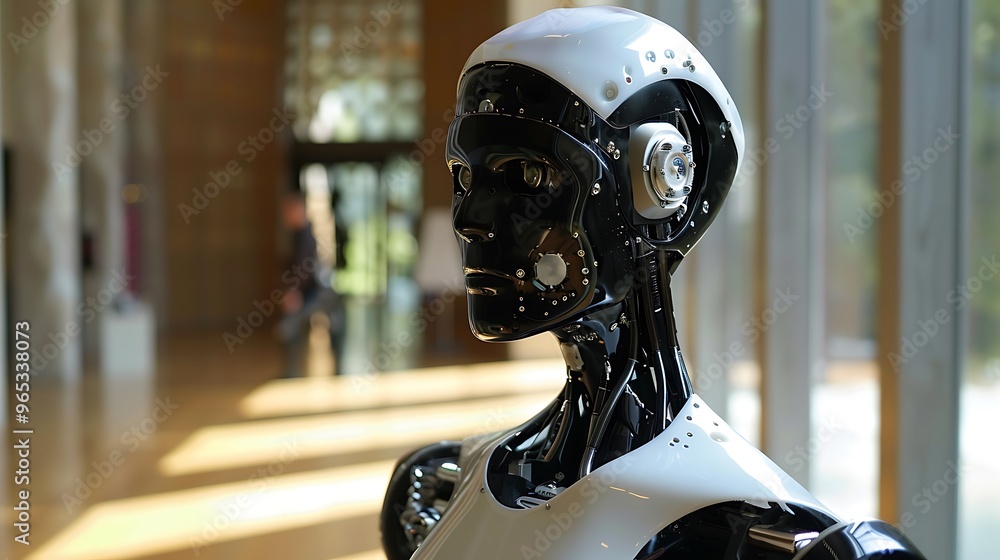 Poster humanoid robot's head showcasing its mechanical design and intricate details. the robot is displayed