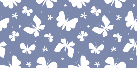 Seamless pattern with abstract silhouettes of butterflies and flowers. Simple summer monochrome print. Vector graphics.