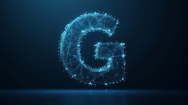 Abstract polygonal letter G consists of polygons, lines, and connected glowing dots. 3D wireframe vector illustration. Technology low poly alphabet concept. Blue on dark blue background 