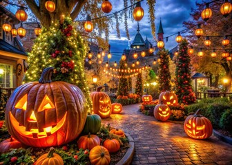 Obraz premium Spooky decorations and twinkling lights adorn a magical nighttime theme park during a festive autumn season of spooky celebrations and eerie enchantment.
