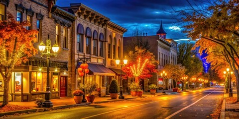 Obraz premium Spooky decorations illuminate downtown Nampa, Idaho streets on a crisp autumn evening, casting an eerie glow on historic buildings and deserted sidewalks during Halloween season.