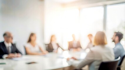Fototapeta premium Teamwork Focused Meeting Background - Blurred background of a focused team meeting in an office. 