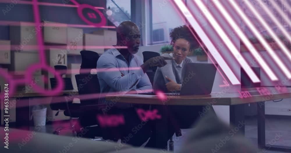 Poster animation of financial data processing over diverse colleagues discussing work in office