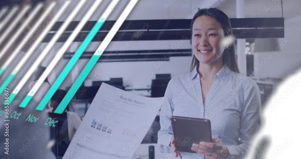 Poster animation of financial data processing over diverse colleagues discussing work in office