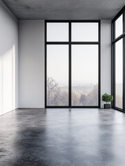 Fototapeta premium Empty room interiors with large windows providing natural lighting and views in neutral tones
