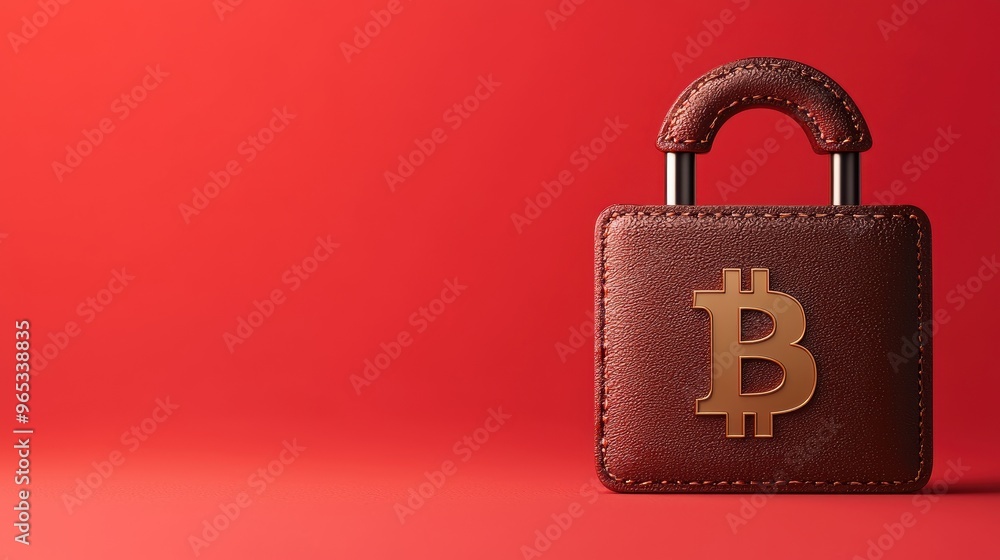 Poster secure cryptocurrency wallet with digital lock and coins - with copy space, selective focus -