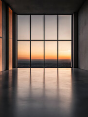 Empty room interiors with large windows providing natural lighting and views in neutral tones