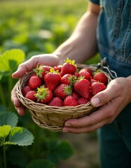 Farmer Holding Strawberries. Freshly Picked Strawberries in a Basket.