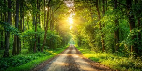 Obraz premium Dirt road cutting through a lush green forest illuminated by the warm evening sunlight, pathway, soft sunset light, serene, rural, dirt road, adventure, outdoor, sunlight, peaceful