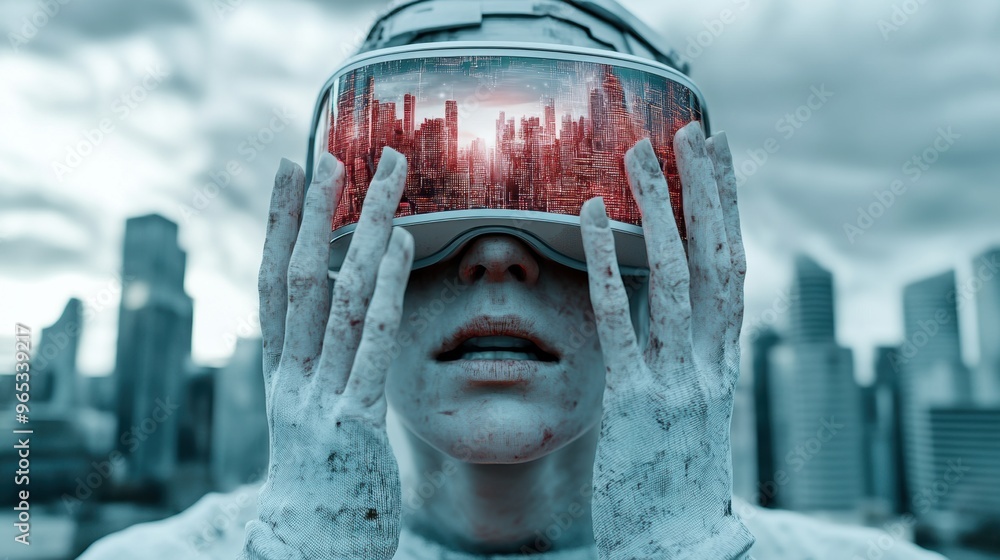 Poster A person with a virtual reality headset covering their eyes, AI