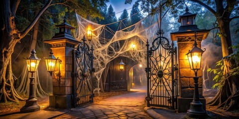 Spooky illuminated entrance gates at night, surrounded by creepy trees and cobwebs, with a shiny platinum pass ticket hanging ominously from a rusty old lantern.
