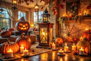 Obraz premium Spooky lanterns, cobwebs, and autumn leaves adorn a cozy living room, transformed into a haunted abode with eerie candles, pumpkins, and mysterious artifacts for Halloween.