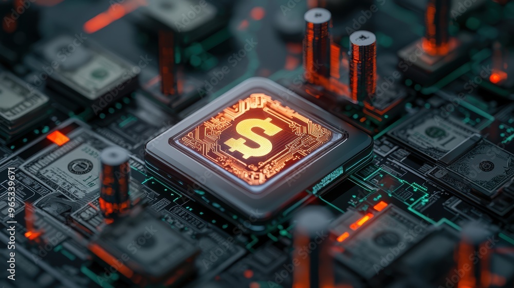 Poster illuminated currency exchange hologram in futuristic setting with high-tech financial tools -