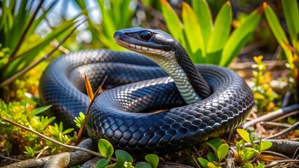Obraz premium A black racer snake weaves effortlessly through the tangled brush in the Florida Everglades, its scaly body gliding silently.