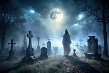 Spooky scene of a dimly lit cemetery at night with a ghostly figure rising from the grave, surrounded by mist and eerie ambiance, full moon above.