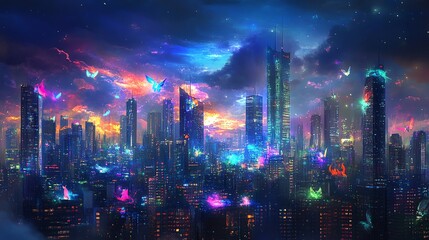 Fototapeta premium A vibrant urban skyline illuminated under a surreal night sky