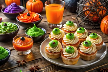 Fototapeta premium Spooky sweet and savory treats adorn a communal table, featuring witches' brew punch, monster eyes deviled eggs, and cobweb-covered cupcakes at a festive workplace gathering.