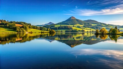 scenic, view,nature, blue sky, beauty, serene, outdoors, forest, travel, hill, panorama, clouds, low mountain, Panorama of the Rh?n low mountain range reflected in a serene lake