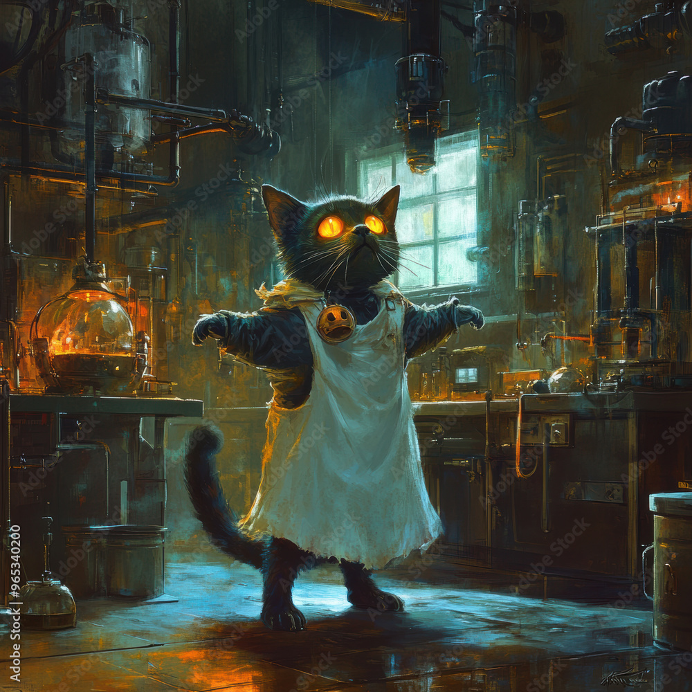 Poster a whimsical cat in lab coat stands in mysterious laboratory, illuminated by eerie light. its glowing