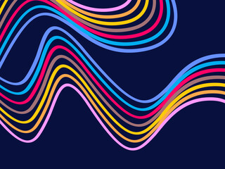 Abstract colorful 70s background vector. Vintage retro wallpaper with rainbow stripes and wavy lines. 1970's color illustration suitable for posters, banners, decorative items, wall art, etc.