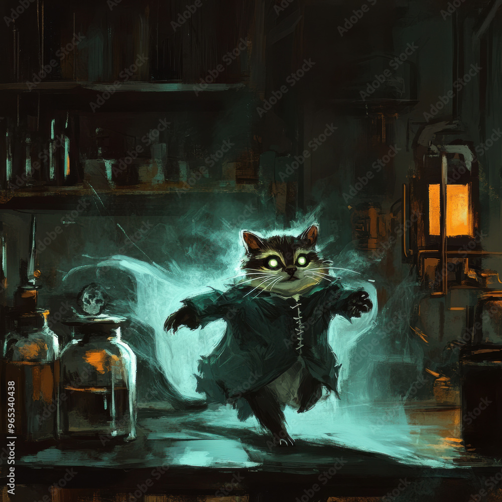 Poster a whimsical cat in lab coat appears to be conducting an experiment in dark, mysterious laboratory fi