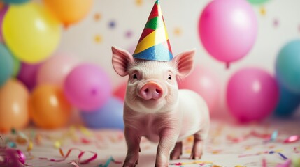 Piglet wearing a party hat surrounded by colorful balloons, celebration theme. Joyful festivity and adorable animal concept