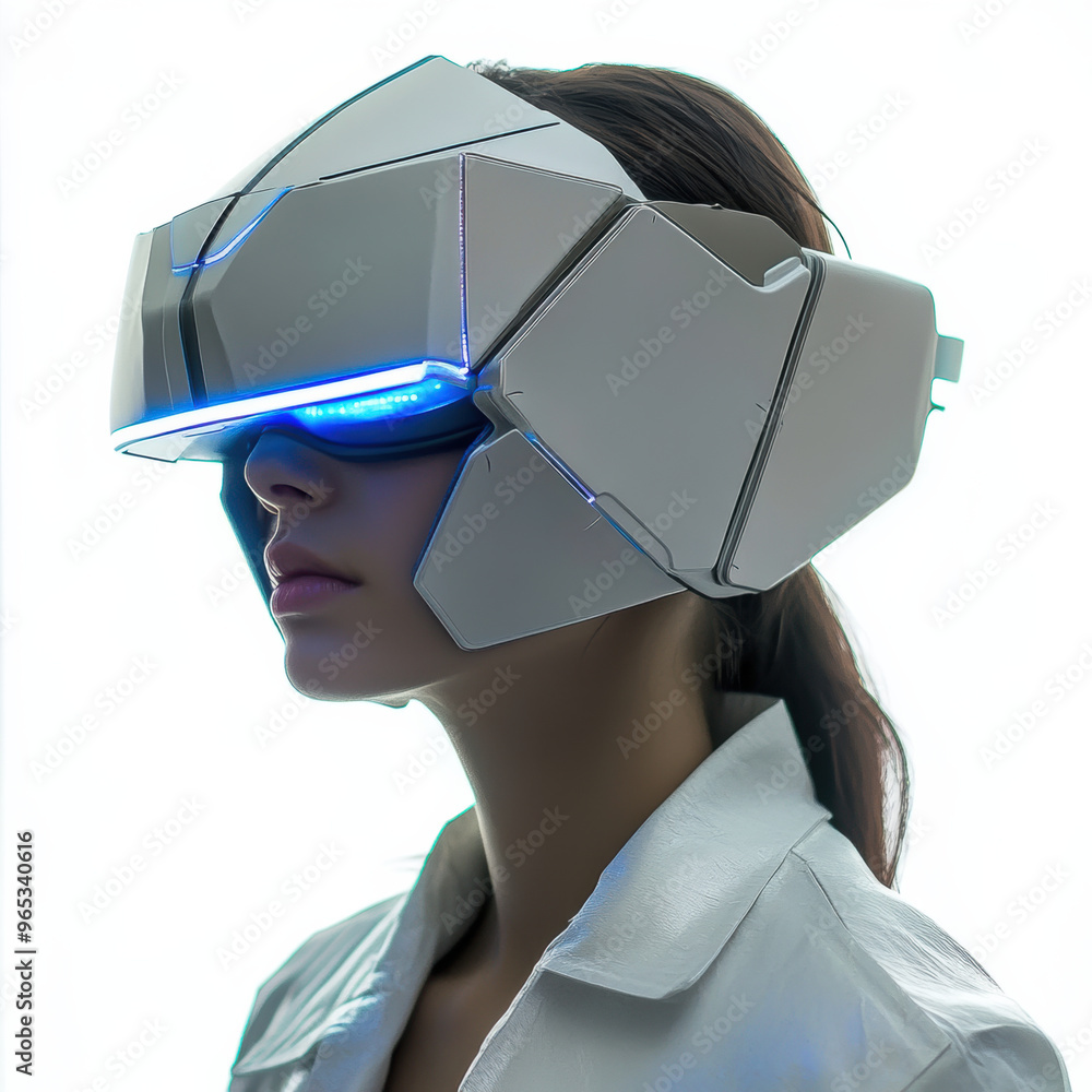 Poster a girl wearing futuristic vr headset with angular design and glowing lights, showcasing industrial d