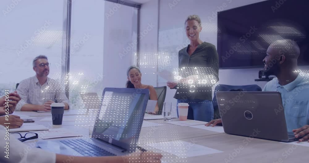 Poster animation of financial data processing over diverse colleagues discussing work in office