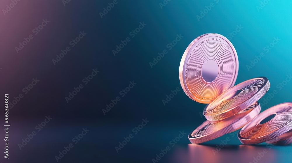 Poster futuristic digital asset management with floating holographic coins in modern office setting - with 
